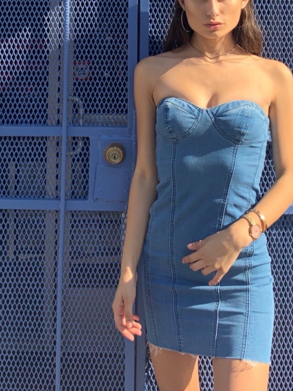 Strapless Denim Bodycon Dress in Blue
